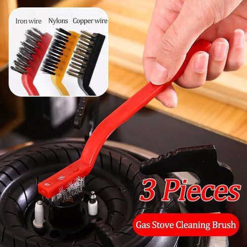 3pcs Gas Stove & Burner Cleaning Wire Brush Set Nylon, Brass & Stainless Steel Bristles Heavy-Duty Kitchen Gap, Grout & Rust Cleaner Tool