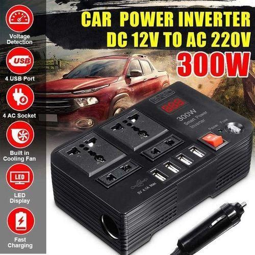 Portable Car Power Inverter – DC 12V to AC 220V 300W Converter with Dual Socket & 4 USB Ports